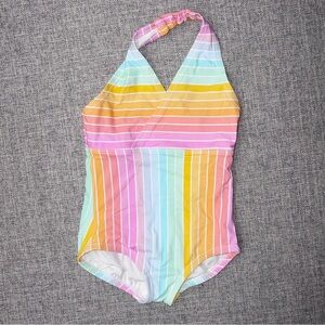 Hanna Andersson Pastel Rainbow Stripe Halter One-Piece Swimsuit